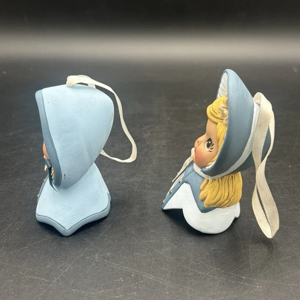 2 Vtg Ceramic Christmas Ornaments Handmade Bisque LITTLE GIRL YOUNG LADY